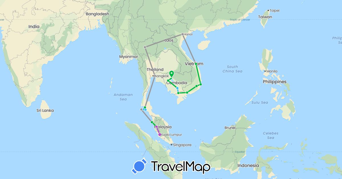 TravelMap itinerary: driving, bus, plane, train, boat in Cambodia, Malaysia, Thailand, Vietnam (Asia)